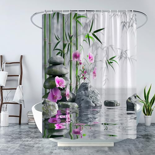Spa Shower Curtain Flower Green Plants Zen Stone Spring Relax Fabric Bathroom Decor Sets with Hooks