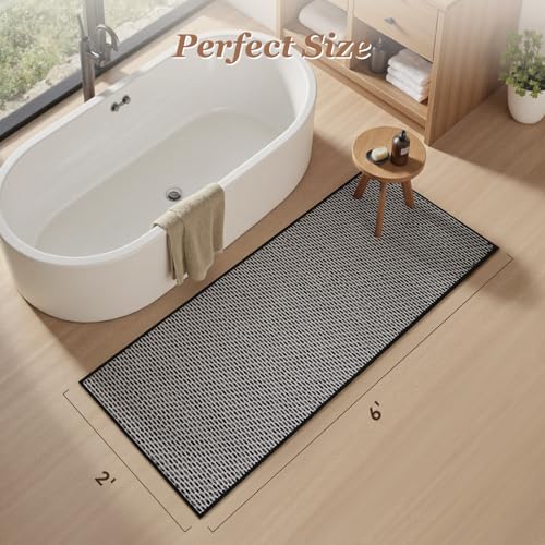 AMOAMI Unique Woven Bathroom Runner Rug, Super Absorbent Non Slip Bath Mats for Bathroom Textured Bathroom Mat Quick Dry Boho Rugs Runners for Hallyways Kitchen Bedroom Beside Tub, 2' x 6', Black - color: Black, size: 2' x 6'