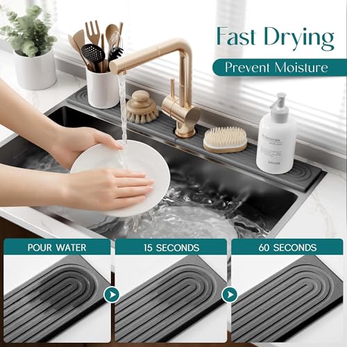 eormoe 30 inch Kitchen Faucet Absorbent Mat - Diatomaceous Earth Splash Guard for Sink Faucet, Aesthetic Water Absorbing Stone Tray in The Modern Home (30" x 3.9", Dark grey) - color: Dark Gray, size: 30" x 3.9"