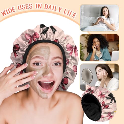 Luxury Shower Cap Terry Lined Reusable Triple Layer Waterproof Hair Elastic Caps Shower Bath Hat for Women Girls Cute Aesthetic-Pink Bowknot - color: AL20-Pink Bowknot