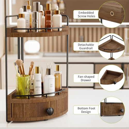 2-Tier Corner Bathroom Counter Organizer with Drawer & Embedded Screw Holes - Wooden Countertop Organizers for Skincare, Makeup Storage, Bathroom Sink Counter Shelf for Vanity, Dark Brown - color: Dark Brown