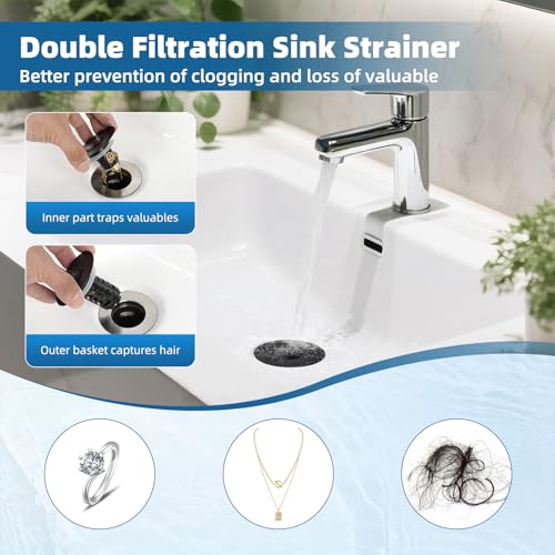 iFealClear Upgraded 4-in-1 Bathroom Sink Drain Strainer, Universal Pop Up Sink Stopper with 2-Layer Detachable Hair Catcher Filter Basket, Drain Stopper Fit 1.1"-2.3" US Basin, Matte Black - color: Matte Black