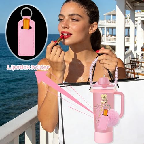 Compatible for Owala Accessories Bundle: Silicone Boot for FreeSip Sway 30oz & 40oz Bottles, Charms, Pearl Handle Strap, Rubber Bottom & Decorative Add-ons - color: Pink Peony