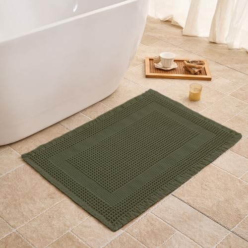 Waffle Bath Mat Non Slip, Boho Bathroom Rug, Super Absorbent Quick Dry Bathroom Mat, Soft Farmhouse Bath Rug with Tassels, Small Washable Shower Mats for Floor 20"x32", Square Olive Green - color: Square Olive Green, size: 1'8" x 2'8" (Rectangular)