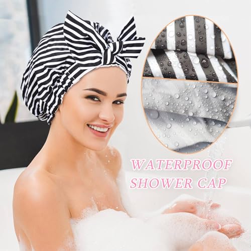 Luvruitaky Shower Cap Luxury Shower Caps for Women Reusable Waterproof Hair Cap for Shower with Adjustable Bowknot Hair Bath Cap (Black Stripe) - color: Black Stripe