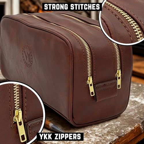 Toiletries bag for men, Premium PU Leather Travel Kit, Metal Zippers & Bottom Studs, Velvet Dust Bag & Shape-Retention Packaging – Gift Ready For Groomsmen, Anniversary, Birthday Gifts / DARK BROWN - color: DARK BROWN