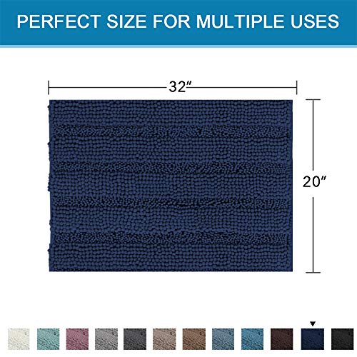 H.VERSAILTEX Bath Rugs for Bathroom Non Slip Bath Mats Extra Thick Chenille Striped Rug 20" x 32" Absorbent Non Skid Fluffy Soft Shaggy Washable Dry Fast Plush Mat for Indoor, Bath Room, Tub - Navy - color: Navy, size: 20" x 32"