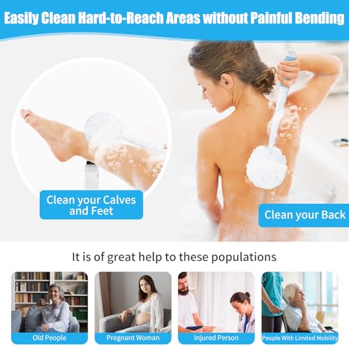 VANZAVANZU Loofah Sponge Set Back Scrubber for Shower, Anti-Slip Plastic 17" Handle Loofah on a Stick with Fluffy Shower Sponge, PE Soft Mesh Shower Loofahs-White with Blue Grip