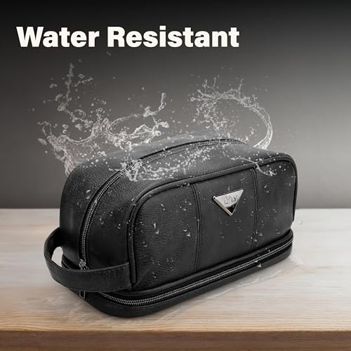 emissary Leather Travel Toiletry Bag for Men, Dopp Kit - Black | Water-resistant leather, large capacity + organizer pockets; refined men's travel Dopp kit, carry-on ready - color: Black