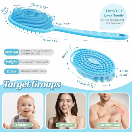 Silicone Back & Body Scrubber Set 2PCS, 13.4'' Gentle Exfoliating Back Scrubber with Dual-Side Head and Non-Slip Handle, Hygienic Silicone Loofah with Soft Bristles and Massage Dots(Blue-2PC) - color: Blue*2