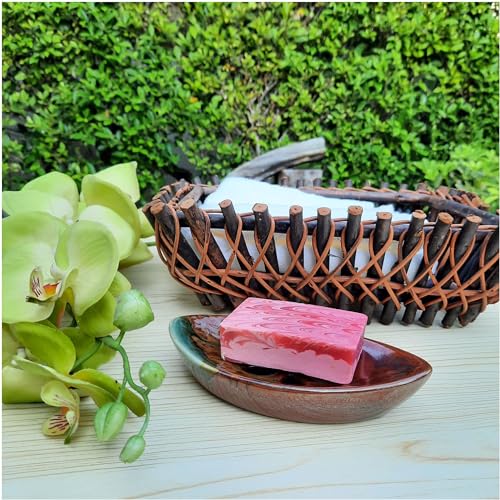 Ceramic Soap Dish with Self Draining Tray for Bathroom, Kitchen (Reddish Brown) 6.25 x 3.75 x 1 inches (LxWxH) 1111 LungMongKol Shop 016 - color: Reddish Brown