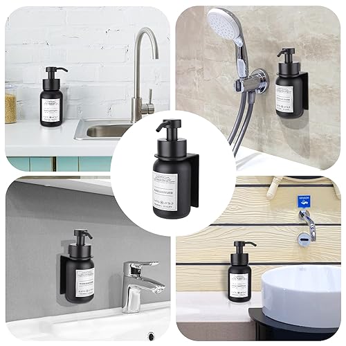 Black Glass Soap Dispenser Wall Mount for Bathroom with Pump and Drill-Free Holders - 8.5 Oz Hand Soap Dispenser, Shower Dispenser with Waterproof Labels | Heavy-Duty & Rust-Proof: Stainless steel pump & bracket, thick glass bottle, leak-resistant & smoot