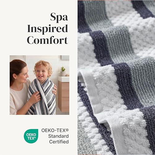 Modern Threads Pax 6-Piece Reversible Yarn Dyed Jacquard Towel Set - Bath Towels, Hand Towels, & Washcloths - Super Absorbent & Quick Dry - 100% Combed Cotton, Denim - color: Blue, style: Wide Stripe