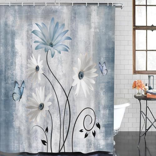 ArtSocket Daisy Flowers Butterfly Bathroom Set with Shower Curtain and Bath Rugs and Accessories,Abstract Blue Grey Non-Slip Shower Curtain Set,Bathroom Decor 3 Pcs - color: Daisy Flowers Butterfly
