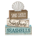 Yuntau 4 Pcs Summer Decorations for Home Beach Shells Wooden Tabletop Decor Summer Tiered Tray Decor Rustic Sand Castles Sunshine Seashells Block Sign Centerpiece Farmhouse Table for Shelf Office - style: Shells