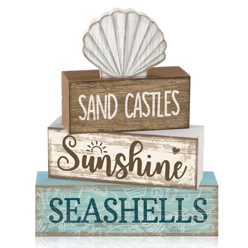 Yuntau 4 Pcs Summer Decorations for Home Beach Shells Wooden Tabletop Decor Summer Tiered Tray Decor Rustic Sand Castles Sunshine Seashells Block Sign Centerpiece Farmhouse Table for Shelf Office - style: Shells