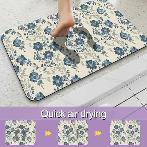 Blue Beige Flowers Bathroom Mat, Non Slip Rubber Backed Fast Dry Bath Rug, Thin Bath Mat for Bathroom Kitchen 17"x30" - color: Blue Beige Flowers