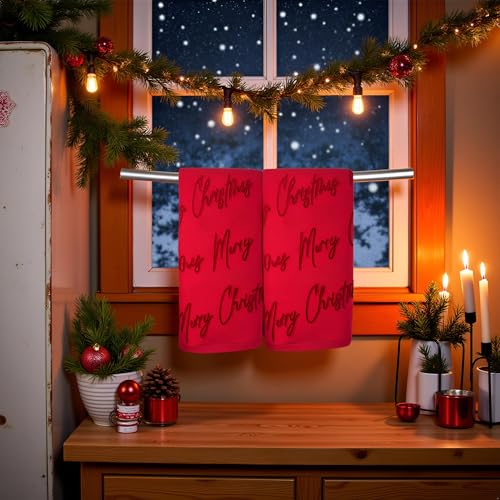 2 Pack Merry Christmas Hand Towels 100% Cotton Jacquard Holiday Kitchen Dish Towels Retro Neutral Red Bathroom Towels Set Gift Seasonal Xmas Winter Bathroom Decor (Red Merry Christmas) - color: Red Merry Christmas
