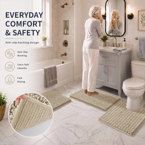 Yimobra Bathroom Rug Set 3 Piece - Super Absorbent Quick Dry Chenille Bath Mats & Toilet Rug, Non Slip Machine Washable, Extra Thick Shaggy Floor Mat for Shower Tub Sink, Camel - color: Camel, size: 24"x20" + 30"x20"+ 44"x24"