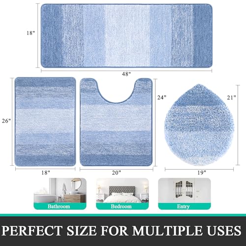 Bsmathom Bathroom Rugs Sets 4 Piece, Soft Absorbent Microfiber Bath Rugs with U-Shaped Contour Toilet Rug and Toilet Lid Cover, Thick Non-Slip Plush Shaggy Bath Mat Set,Light Blue - color: Light Blue, size: 18"x26"+18"x48"+U20"x24"+Cover19"x21"