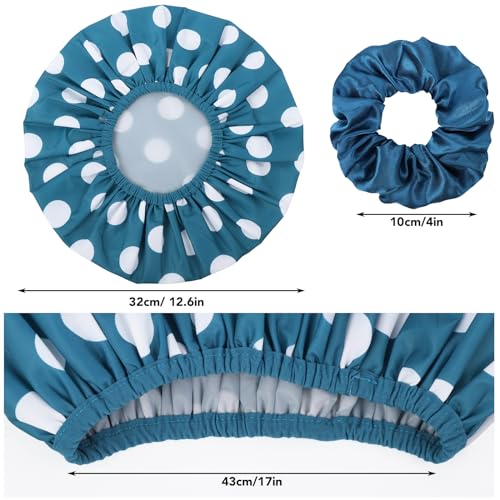 WSICSE 2 Packs Large Shower Caps for Women, Reusable Waterproof Shower Cap Bath Caps with Hair Scrunchies for Long Thick Hair (Blue/Green) - color: dark blue, dark green