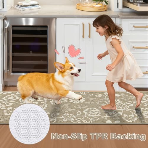LOKHOM Boho Kitchen Rugs Sets of 3, Non Slip High-Low Textured Kitchen Mats for Floor with Rubber Backing, Paisley Floral Washable Carpet Runner for Hallways Entryway Laundry Sink (Beige & White) - color: Beige, size: 24"x35"+24"x48"+24"x60"