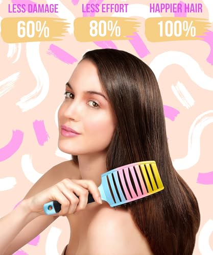 KTKUDY Detangling Brush Boar Bristles Hairbrush Make Hair Shiny & Healthier Curved and Vented Detangler Brush for Women Men Kids Wet & Dry Hair - color: Blue-Pink-Yellow Gradient