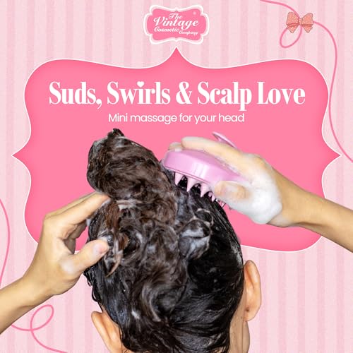 Vintage Cosmetic Company Shampoo Brush Silicone Scalp Massager Pink | Silicone Scalp Massager for Gentle Exfoliation and Even Shampoo Distribution. Stimulates Scalp. Vintage Pink Design.