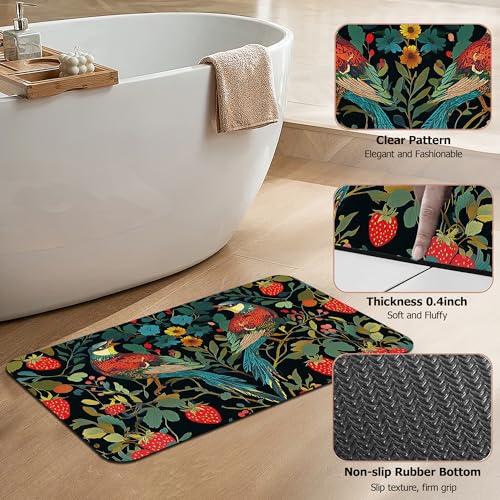 Bath Mat,Strawberry Bird Bathroom Rugs,Quick-Drying Non-Slip Rubber Bath Mats Flower Leaf Absorbent Diatomaceous Earth Mat for Bathroom Home Decor 17"x29.5" - color: Strawberry Bird,flower Leaf