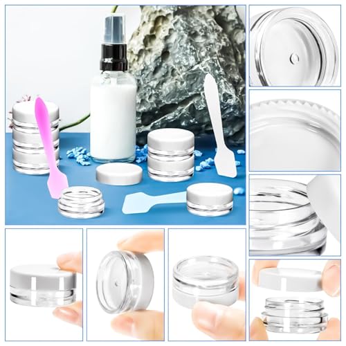 100 Pcs 3g Empty Plastic Containers with White Lids,Tiny Makeup Sample Containers, Small Pot Jars Clear Round Cosmetic Jars with 20 Pcs Mini Spatulas for Liquid Sample Powder Creams - color: White, size: 3g