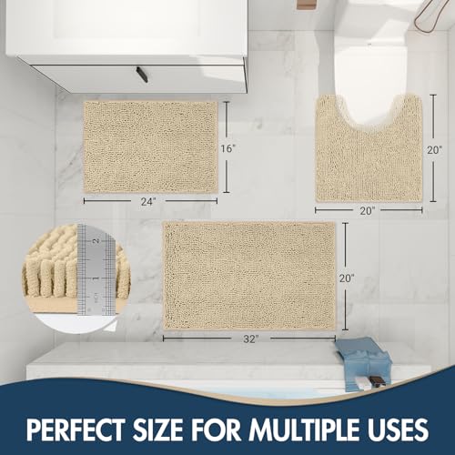 TREETONE Bathroom Rugs Sets, Thick Soft Absorbent 3 Piece Chenille Bath Rugs, Non-Slip, Dry Quickly, Machine Washable, Shaggy Mats with U-Shaped Toilet Rug for Bathroom Floor, Tub and Shower, Beige - color: Beige, size: 16"x24"+20"x32"+U Shape 20"x20"