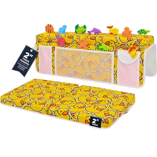 Bath Kneeler –8 Suction Cups & 2" Thicker Padding.Certified Bath Kneeling Pad for Bath Tub & 5 Bath Toy Organizer. Fast Dry Bath Kneeler and Elbow Rest Pad Set. Baby Bath Essentials by Supa Ant-Duck - color: Yellow Duck With White Pockets