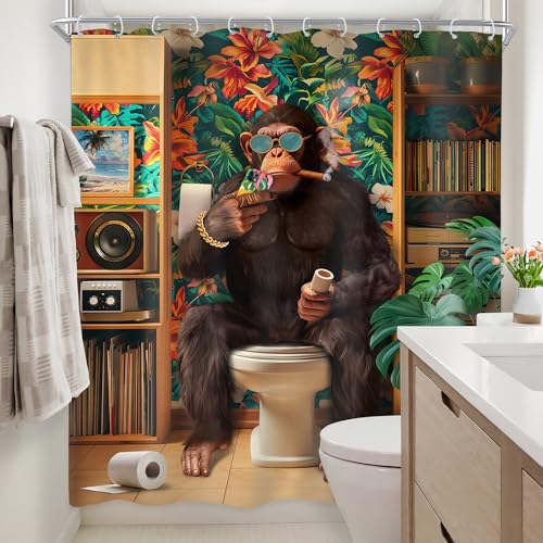 Newsely Funny Monkey Shower Curtain 60Wx72L Inch Chimpanzee Fun Animal Wildlife Tropical Leaves Plant Modern Cool Hilarious Bathroom Set Boys Men Waterproof Bath Decoration Accessories Home Decor - color: K-monkey, size: 60"W x 72"L (Pack of 1)