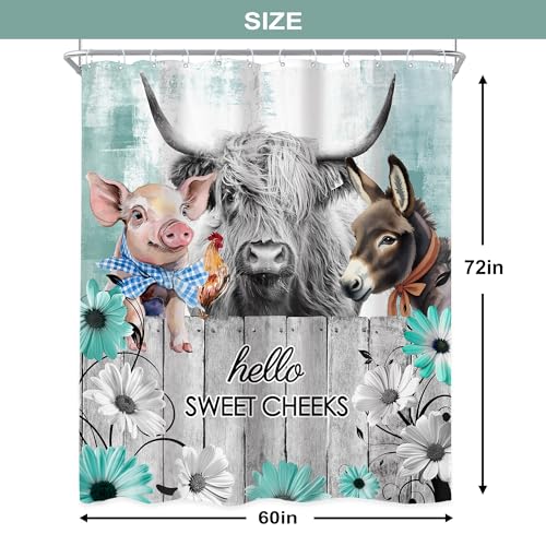 Newsely Rustic Funny Highland Cow Shower Curtain 60Wx72H Inch Teal Floral Daisy Farmhouse Western Animal Donkey Chicken Pig Bathroom Set Bull Wooden Waterproof Bath Decoration Accessories Home Decor - color: A-03cow, size: 60"W x 72"L (Pack of 1)