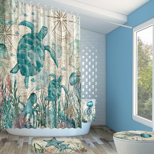 Tatuo 8 Pcs Sea Turtle Shower Curtain Set Summer Ocean Theme Bathroom Accessories Sets Decor Sea Animal Nautical Coastal Waterproof Shower Curtain with Towels Carpet Bath Mat Toilet Rugs and 12 Hooks - style: Sea Animal