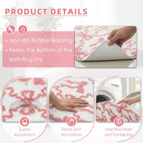 Arttown Cute Pink Bow Bathroom Rug Set 2 Piece White Fluffy Microfiber Non-Slip Water Absorbent Bath Mat Soft Washable Floor Rug for Tub Showers Laundry Room Decor (16"x24"+20"x32") - color: Pink Bow