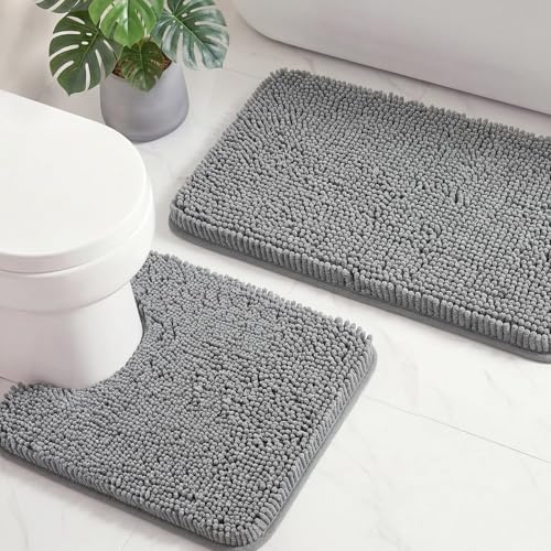 HUXMEYSON Bathroom Rugs Sets 2 Piece, Ultra Absorbent Chenille Non Slip Bathroom Mat Set - 20'' x 24'' U-Shaped Contour Toilet Rug & 20'' x 32'' Extra Soft Plush Bath Mat - Machine Washable, Grey - color: Grey, size: 32" x 20" + U Shape 24" x 20"