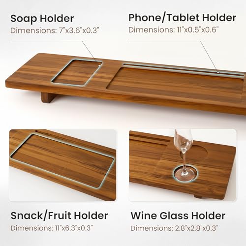 Teak Bathtub Tray - Wood Bath Caddy Tray 35" for Large Tubs - Adjustable Bathtub Table Trays - Luxury Shower Organizer for Home Spa Relaxation and Reading - Light Walnut Color - color: Light Walnut-a, size: 35" x 9" x 2.4"