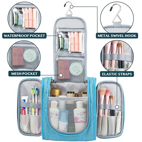 PAVILIA Toiletry Bag Travel Bag for Women Men, Hanging Cosmetic Organizer, Water Resistant Makeup Bag for Accessories Toiletries, Large Travel Essentials Kit (Turquoise) - color: Sea Blue, size: Standard (9x4x9)