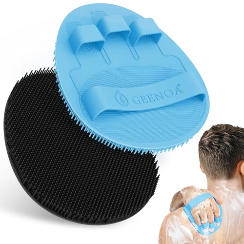 New Silicone Bath Glove with Straps, 360° Anti-Slip & Enlarged Exfoliating Body Scrubber for Rich Foaming Deep Cleaning, No-Grip & Hand-fit Shower Scrubber for All Skin Types(Black+Blue) - color: Black+blue