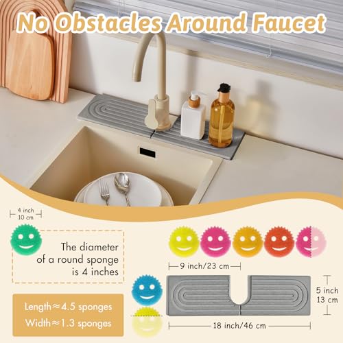 Stone Faucet Mat For Kitchen Sink, 18" Diatomite Fast Drying Stone Kitchen Sink Mat, Super Absorbent, Sink Stone Quick Dry Around Faucet, Stone Sink Splash Guard For Bathroom, Zen Gift, Light Grey - size: 18" x 5"