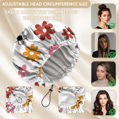 Shower Cap Adjustable Waterproof Double Layer Elastic Reusable Hair Bath Cap Cute Aesthetic for Women Girls-Floral Flower - color: R13-Floral Flower