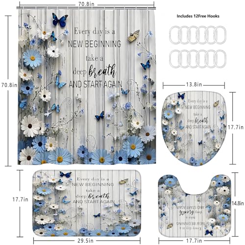 AZHM Blue Daisy Flower Shower Curtain Set 4pcs Rustic Daisy Floral Bathroom Set with Butterfly Accents with Inspirational Quotes Shower Curtain and Rugs - color: White Blue