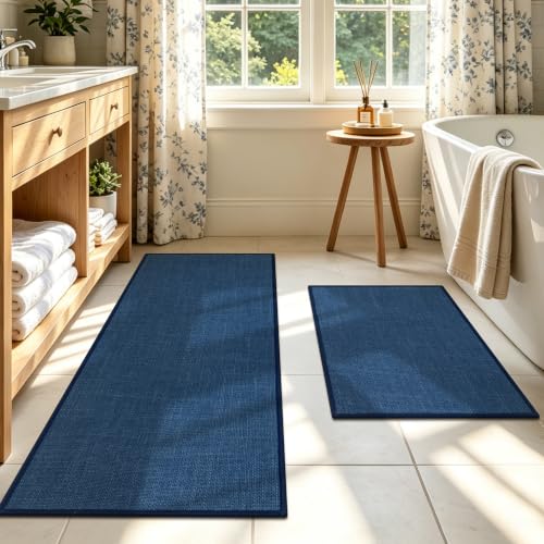 SHACOS Bath Mat Set of 2, Ultra Thin Washable Bathroom Rugs, No Slip Rubber Bath Rugs for Bathroom, Quick Dry Absorbent Bathroom Mat for Shower Outside Floor Toilet Sink (17"x24"+17"x47") - color: Blue, size: 17"x24"+17"x47"