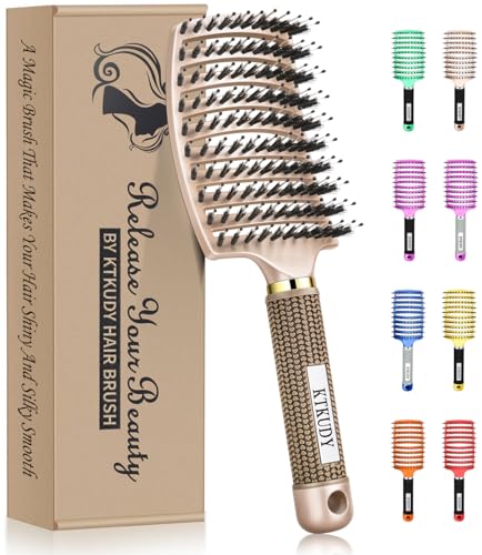 KTKUDY Detangling Brush Getting Knots Out without Pain - Boar & Nylon Bristles Hairbrush Make Hair Shiny & Healthier Vented Detangler Brush for Women Men Kids Wet and Dry Hair (Gold) - color: Gold