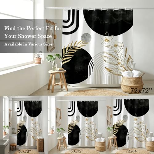 Black and Gold Shower Curtain, White Grey Abstract Art Pattern, Mid Century Modern Polyester Fabric, Cool Boho Mens Bathroom, 60x72 Inch, 12 Hooks Included - color: Black, size: 60"W x 72"L (Pack of 1)