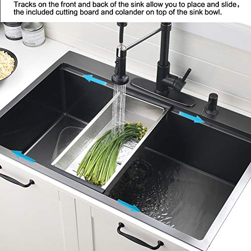 33 Inch Black Drop In Kitchen Sink Workstation - VOKIM 33x22-Inch Drop In Sink Stainless Steel Top Mount 16 Gauge Single Bowl 10'' Deep Handmade Kitchen sink with Cutting Board& Strainer - color: Black, size: 33"L x 22"W x 10"D