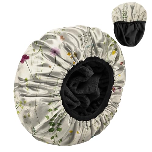 Luxury Shower Cap Terry Cloth Lined EVA Waterproof Reusable Triple Layer Elastic Hair Bath Caps for Women Girls Cute (C17-Floral) - color: C17-Floral
