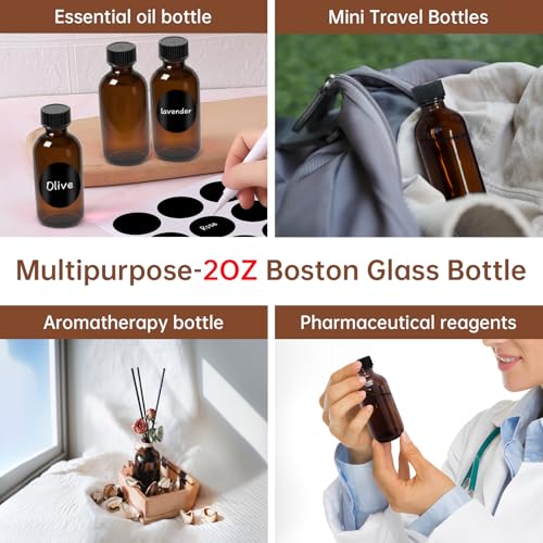 2 oz Amber Glass Bottles - Small Glass Jars with Black Lids Empty Boston Bottle,Dispensing Bottles for Homemade Vanilla Extract, Essential Oils, Herbal Medicine (6)