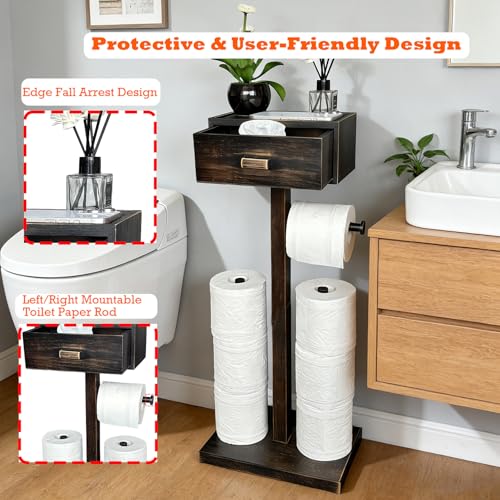 Freestanding Bathroom Toilet Paper Holder Stand with Shelf, Bamboo Toilet Paper Roll Holder with Wet Wipes Storage Drawer(Vintage Black) - color: Balck